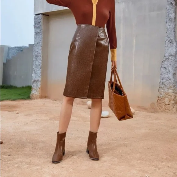 High waist PU leather wrap skirt - Picture 3 of 3